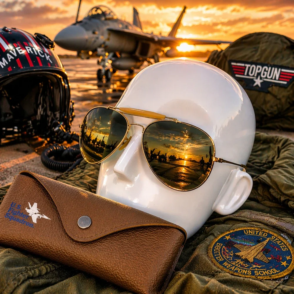 US Fighter Squadron Aviator Sunglasses Gold Frame Green Lens + Printed Case